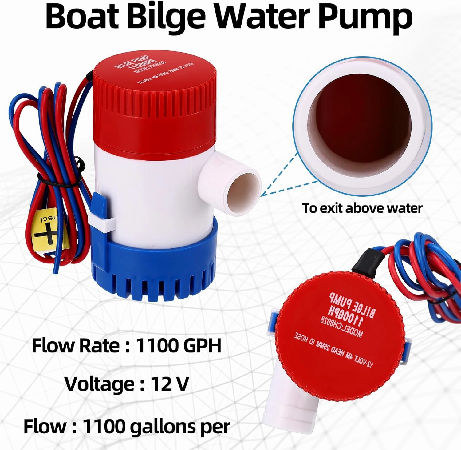 Lounsweer 5 Pcs Bilge Pump Plumbing Kit Including Electric 12v Boat Bilge Water Pump PVC 2 Hose Clamps ThruHull Fitting, 1-1/8-inch(1100gph,Blue)