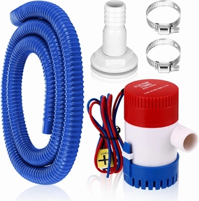 Lounsweer 5 Pcs Bilge Pump Plumbing Kit Including Electric 12v Boat Bilge Water Pump PVC 2 Hose Clamps ThruHull Fitting, 1-1/8-inch(1100gph,Blue)