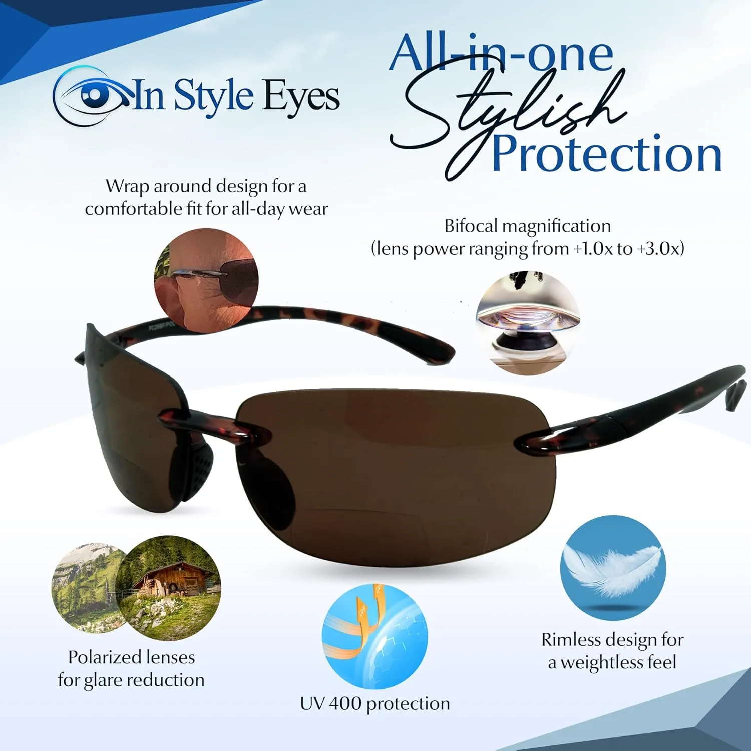Lovin Mawi Bifocal Wrap Around Sunglasses, Polarized Reading Glasses Reduce Sun Glare, Near Invisible Line Lens, Premium Tortoise, 1.0x