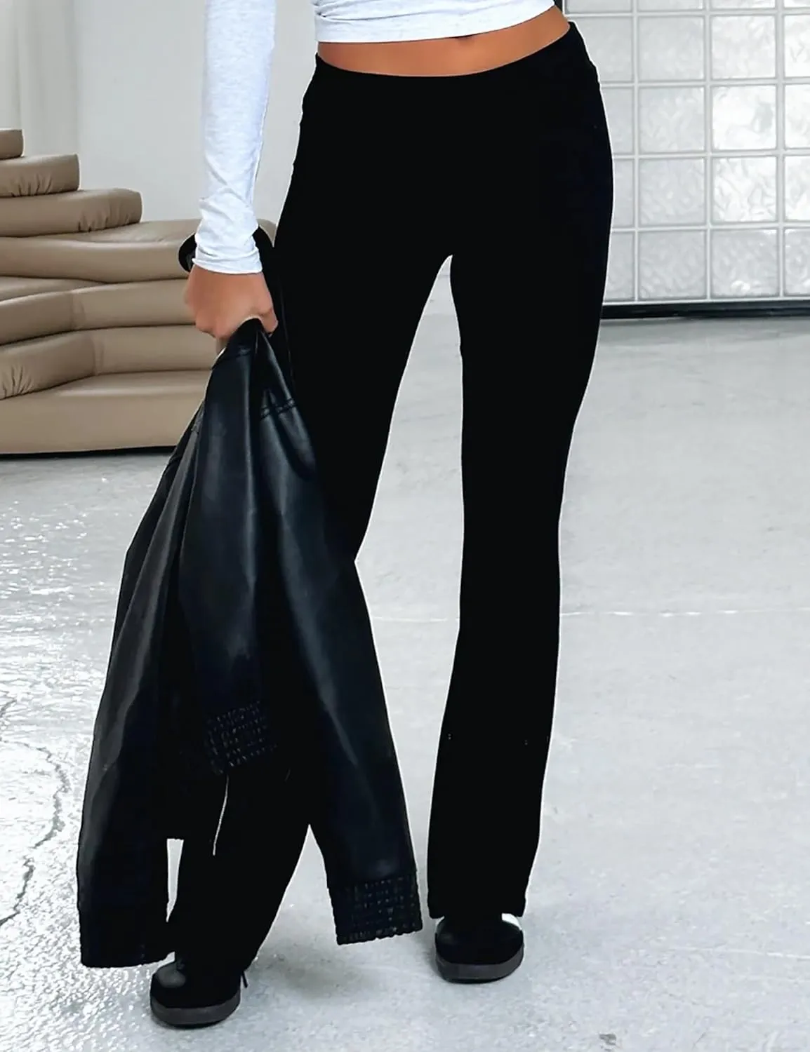 Luckinbaby Women's Flare Skinny Pants Fold Over Leggings Stretch Bootcut Bell Bottom Slim Fit Yoga Pants Y2k Joggers