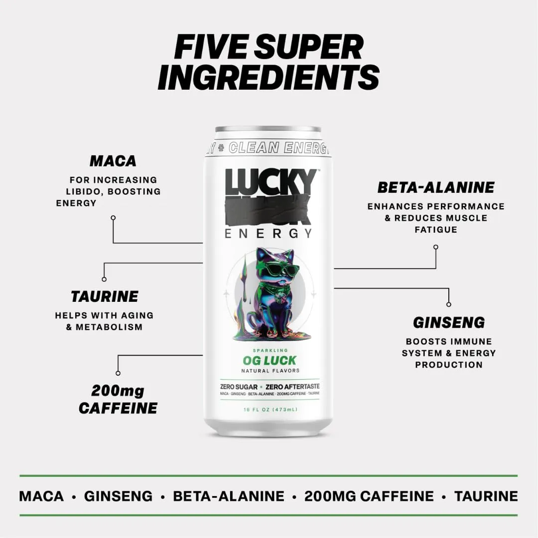 Lucky Energy Sugar Free Energy Drinks 16 Fl Oz Cans (12-Pack) Healthy Energy Drink. OG Luck with Maca, Ginseng, Taurine, Beta-Alanine, 200mg Caffeine