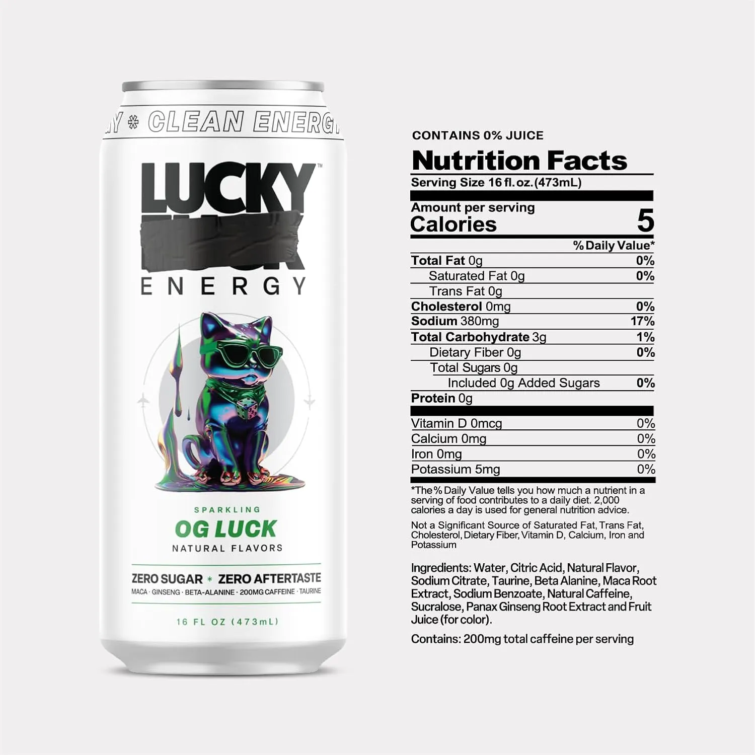 Lucky Energy Sugar Free Energy Drinks 16 Fl Oz Cans (12-Pack) Healthy Energy Drink. OG Luck with Maca, Ginseng, Taurine, Beta-Alanine, 200mg Caffeine