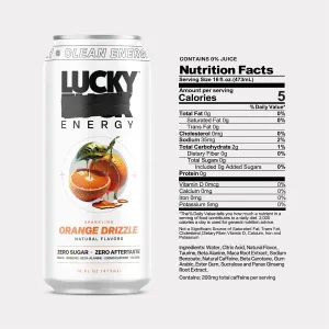 Lucky Energy Sugar Free Energy Drinks 16 Fl Oz Cans (12-Pack) Orange Drizzle with Maca, Ginseng, Taurine, Beta-Alanine, 200mg Caffeine