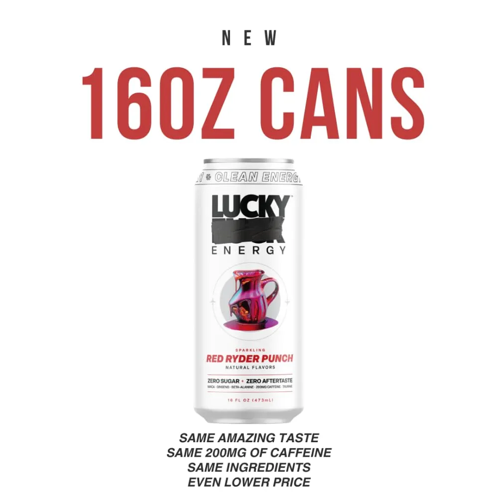 Lucky Energy Sugar Free Energy Drinks 16 Fl Oz Cans (12-Pack) Orange Drizzle with Maca, Ginseng, Taurine, Beta-Alanine, 200mg Caffeine