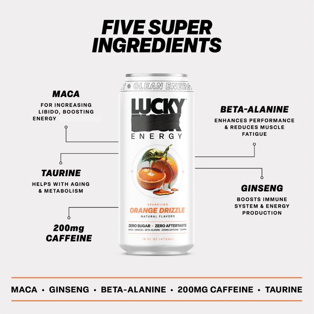 Lucky Energy Sugar Free Energy Drinks 16 Fl Oz Cans (12-Pack) Orange Drizzle with Maca, Ginseng, Taurine, Beta-Alanine, 200mg Caffeine