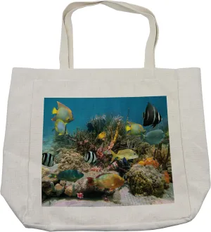 Lunarable Ocean Shopping Bag, Colorful Coral Colony on Reef Shoal of Tropical Fish Caribbean Sea Picture, Eco-Friendly Reusable Bag for Groceries Beach and More, 15.5" X 14.5", Cream