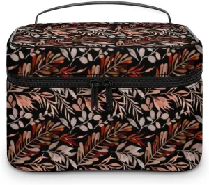 Makeup Bag Cosmetic Organizer Bag, Brown Leaves Botany Makeup Bag Portable PU Leather Makeup Travel Organizer Toiletry Bag with Handle for Women