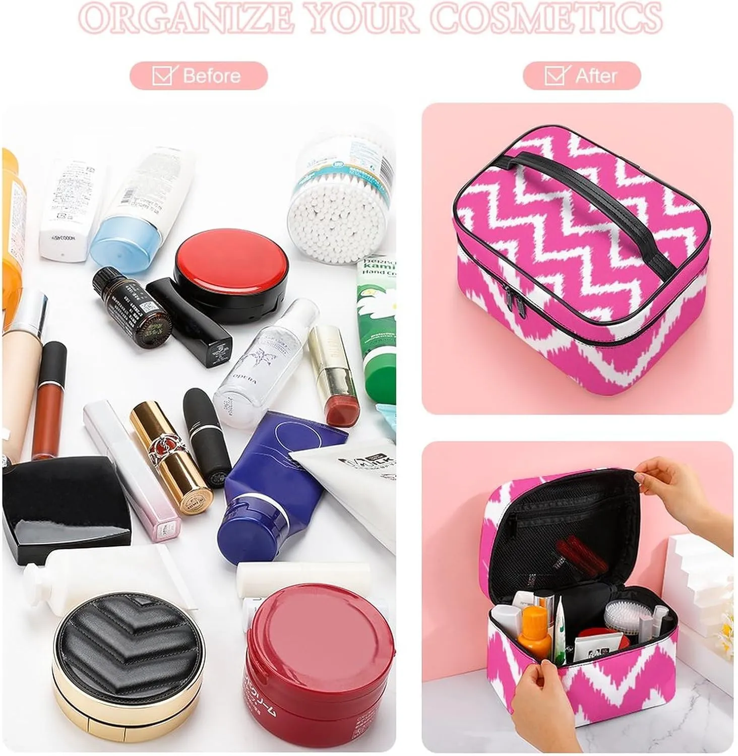 Makeup Bag, Modern Chevrons Deep Fuchsia Pink and White Travel Cosmetic Bag Makeup Organizer Case Large Capacity Portable Zipper Toiletry Bag for Women