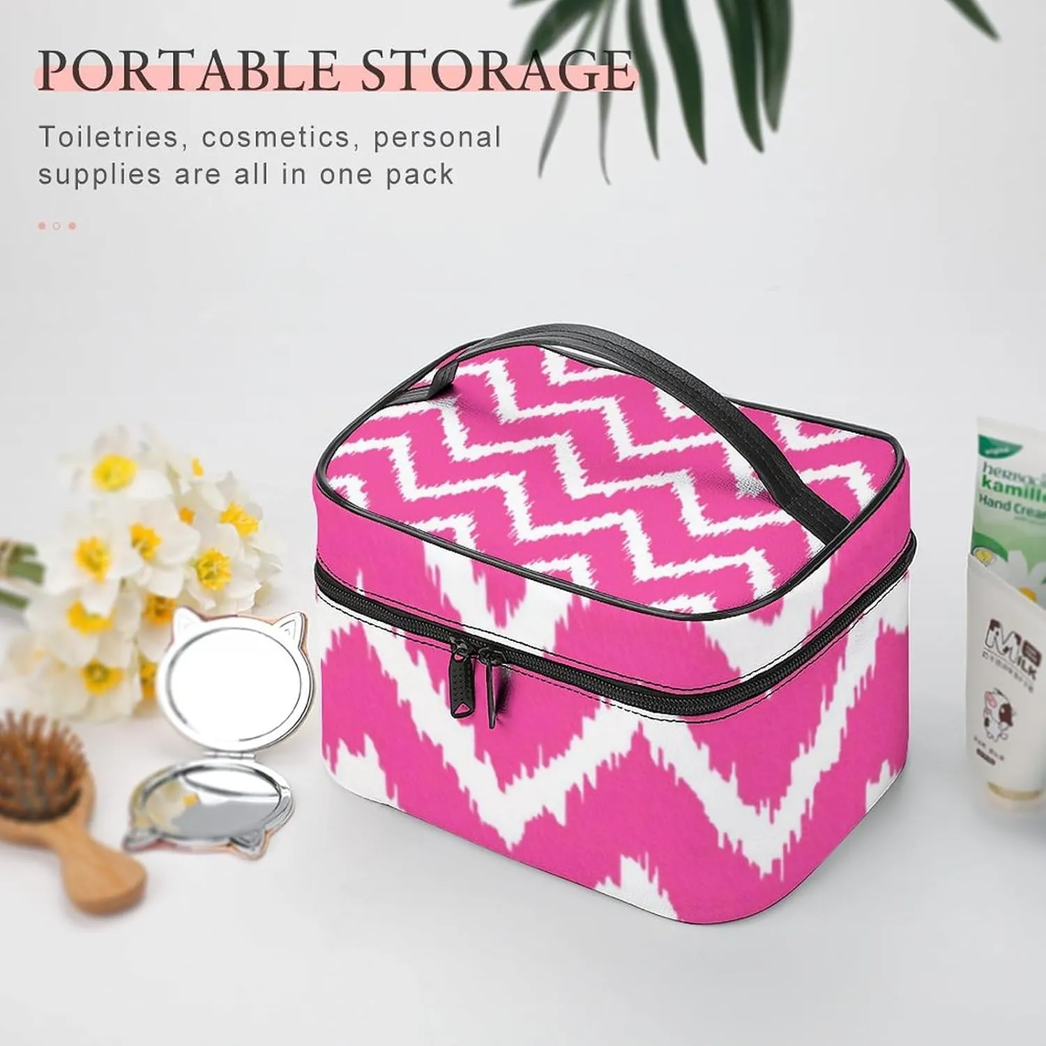 Makeup Bag, Modern Chevrons Deep Fuchsia Pink and White Travel Cosmetic Bag Makeup Organizer Case Large Capacity Portable Zipper Toiletry Bag for Women