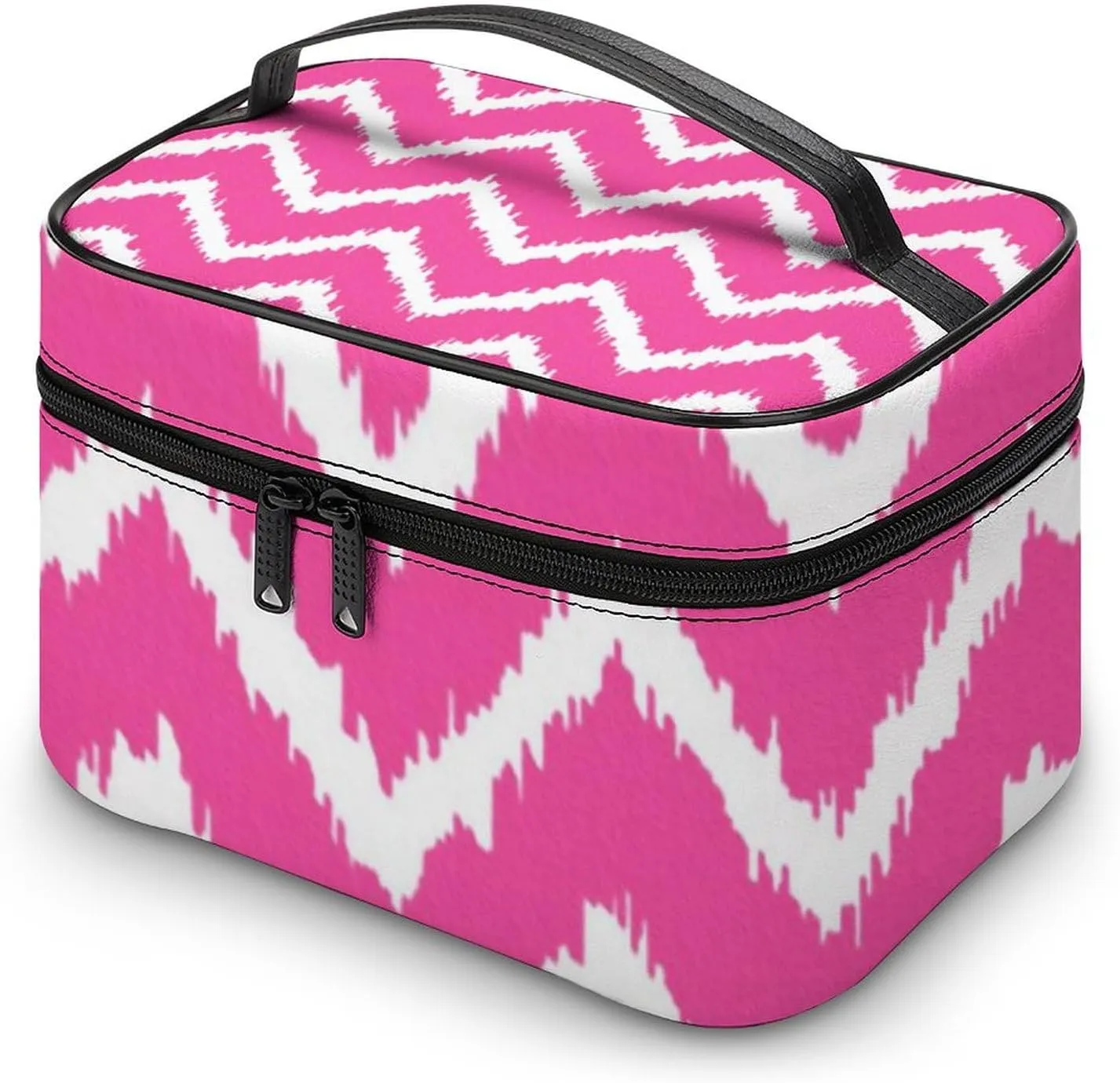 Makeup Bag, Modern Chevrons Deep Fuchsia Pink and White Travel Cosmetic Bag Makeup Organizer Case Large Capacity Portable Zipper Toiletry Bag for Women