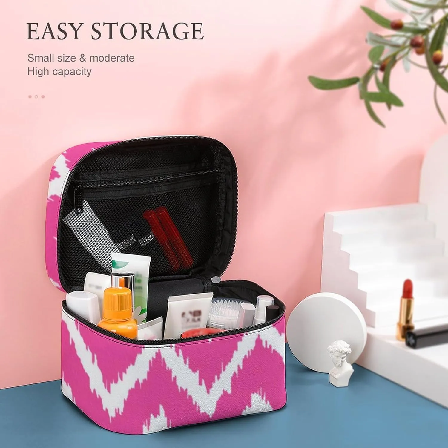 Makeup Bag, Modern Chevrons Deep Fuchsia Pink and White Travel Cosmetic Bag Makeup Organizer Case Large Capacity Portable Zipper Toiletry Bag for Women