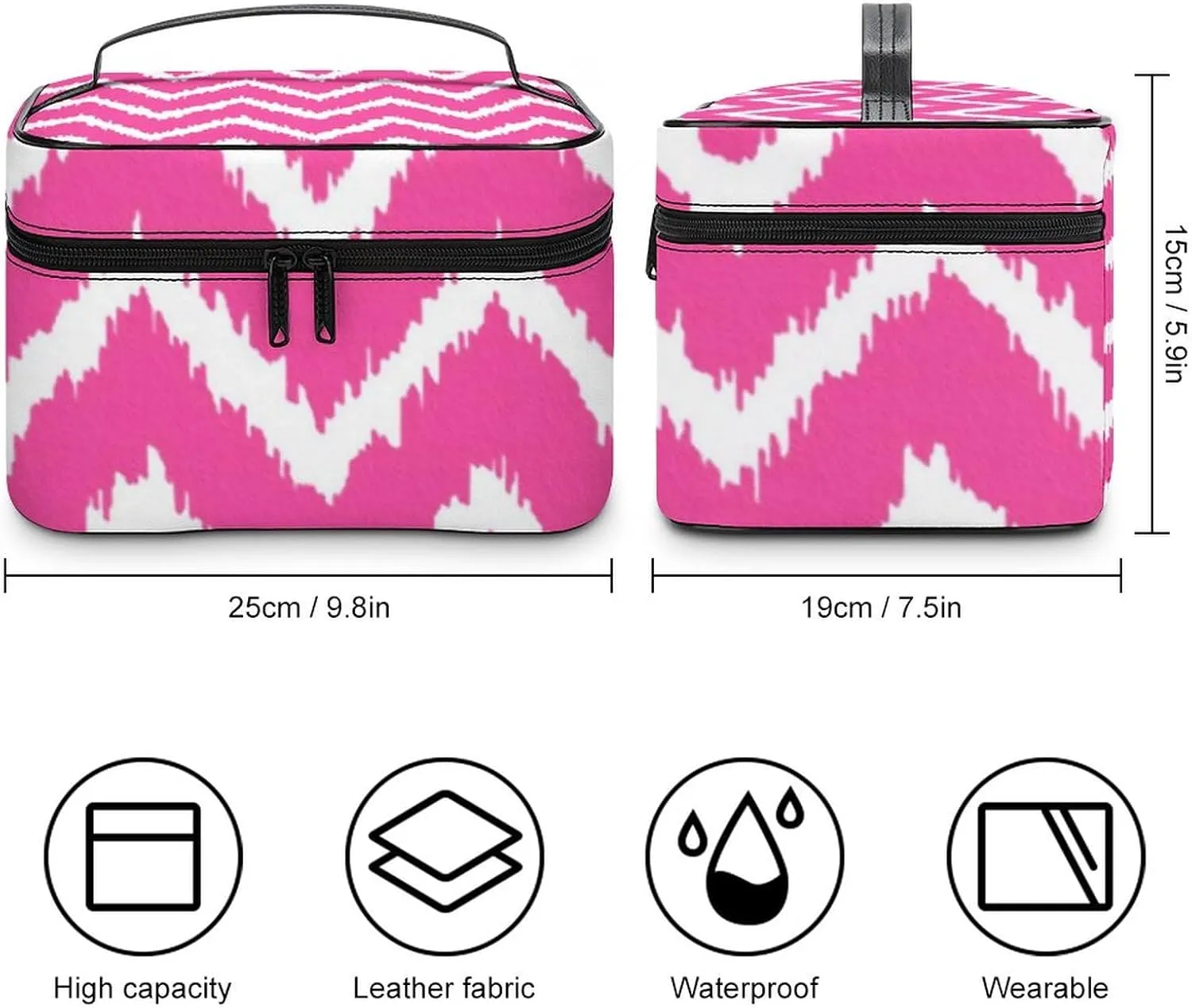 Makeup Bag, Modern Chevrons Deep Fuchsia Pink and White Travel Cosmetic Bag Makeup Organizer Case Large Capacity Portable Zipper Toiletry Bag for Women