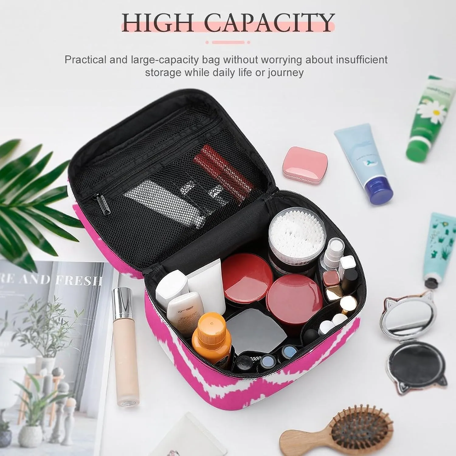 Makeup Bag, Modern Chevrons Deep Fuchsia Pink and White Travel Cosmetic Bag Makeup Organizer Case Large Capacity Portable Zipper Toiletry Bag for Women