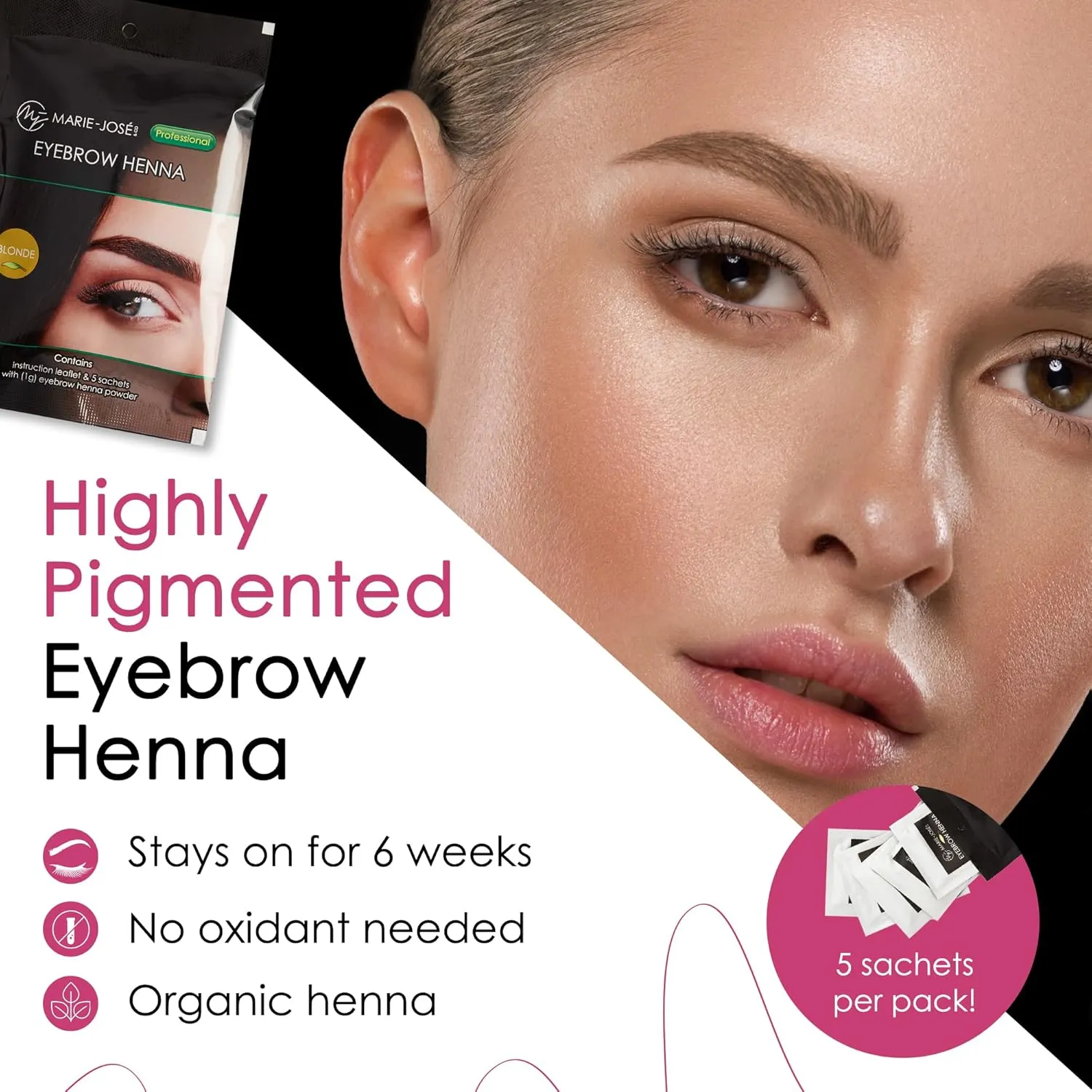 Marie-José & Co Henna Brow Tinting Kit Blonde Dye, Eyebrow Spot Coloring, Long-Lasting Eyebrow Powder, Water & Smudge Proof, 5 Sachets, Good for 50 Applications