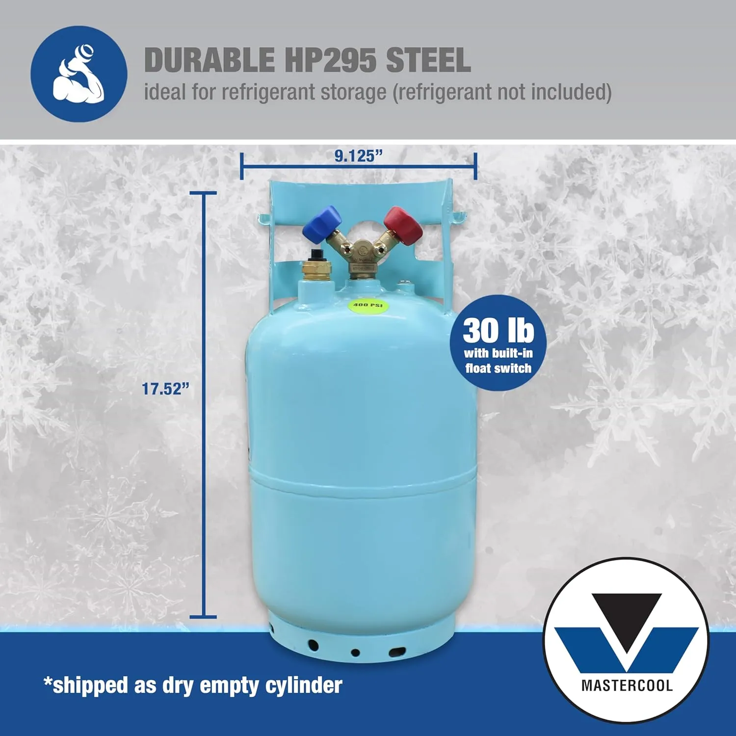 Mastercool 67010 30 lb Refrigerant Recovery Cylinder with Float Switch, DOT-Approved, 1/2" Acme Connections, HP295 Steel, Blue (No Refrigerant Included)