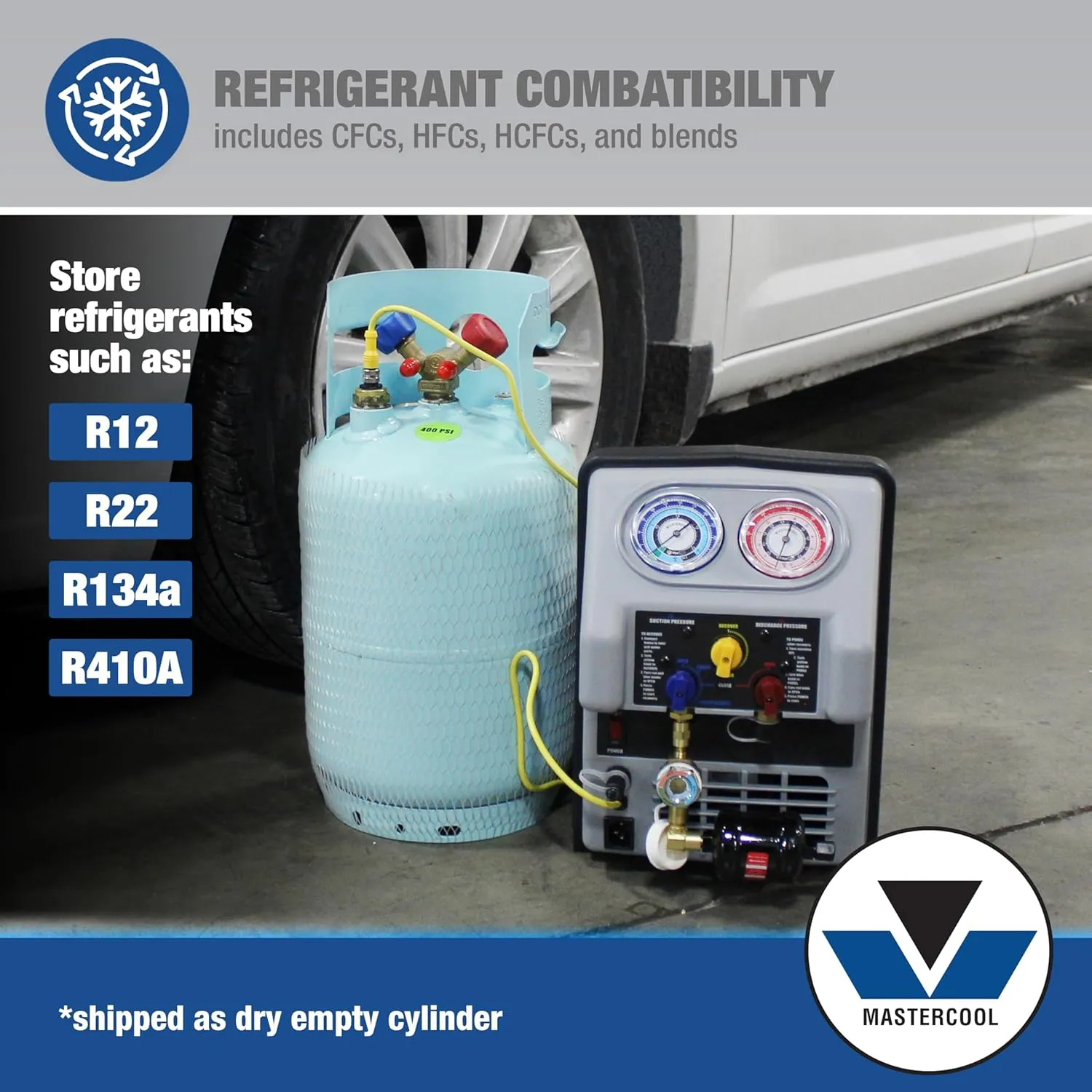 Mastercool 67010 30 lb Refrigerant Recovery Cylinder with Float Switch, DOT-Approved, 1/2" Acme Connections, HP295 Steel, Blue (No Refrigerant Included)