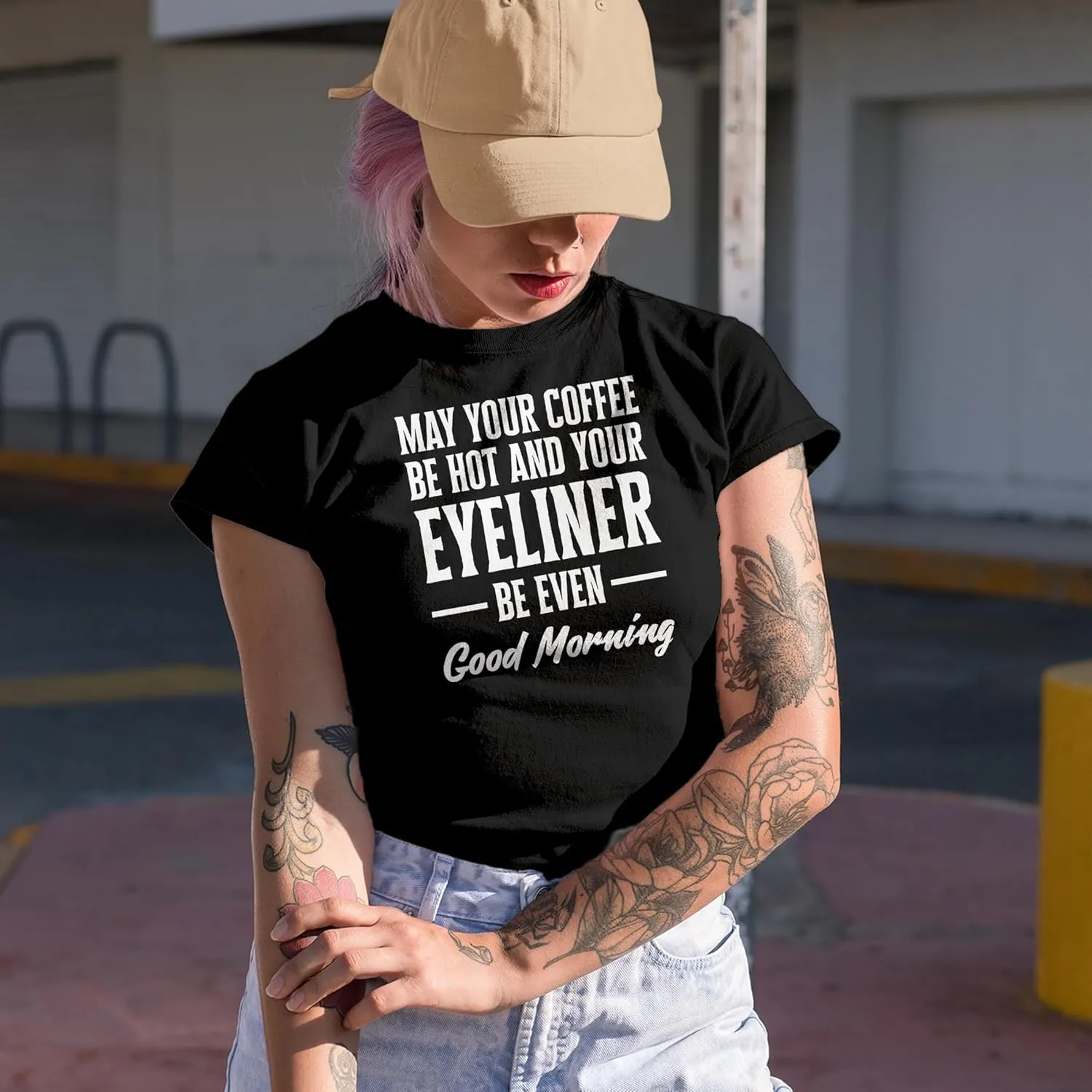May Your Coffee Be Hot and Eyeliner Even, Makeup Graphic Tshirt & Decor - Navy Blue T-Shirt, 2XL
