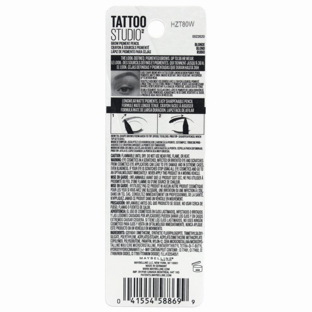 MAYBELLINE 0.73g TATTOO STUDIO LONGWEAR BROW PENCIL 250 BLONDE (CARDED)