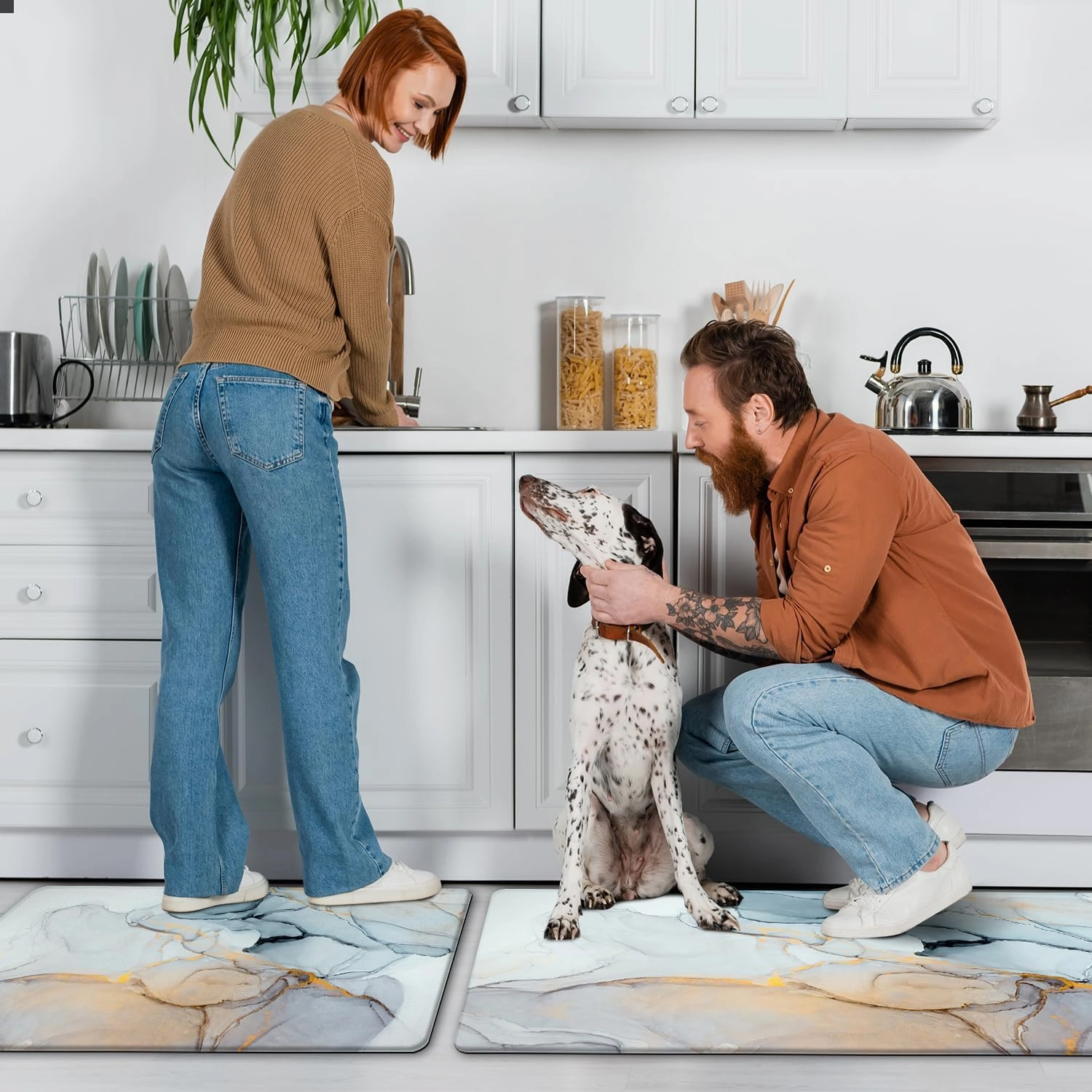 MAYHMYO Kitchen Rugs and Mats Set of 2 Blue Marble Anti Fatigue Mat PVC Non Slip Golden Kitchen Mats for Floor Bathroom Desk Runner Laundry