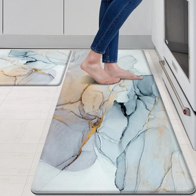 MAYHMYO Kitchen Rugs and Mats Set of 2 Blue Marble Anti Fatigue Mat PVC Non Slip Golden Kitchen Mats for Floor Bathroom Desk Runner Laundry