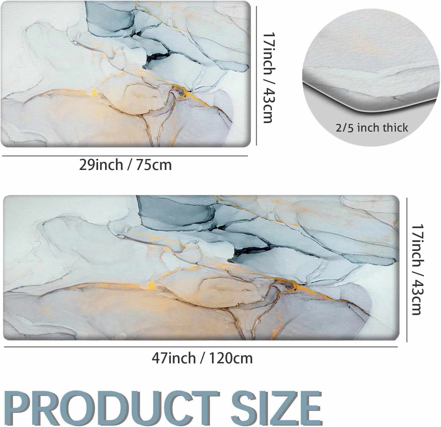 MAYHMYO Kitchen Rugs and Mats Set of 2 Blue Marble Anti Fatigue Mat PVC Non Slip Golden Kitchen Mats for Floor Bathroom Desk Runner Laundry