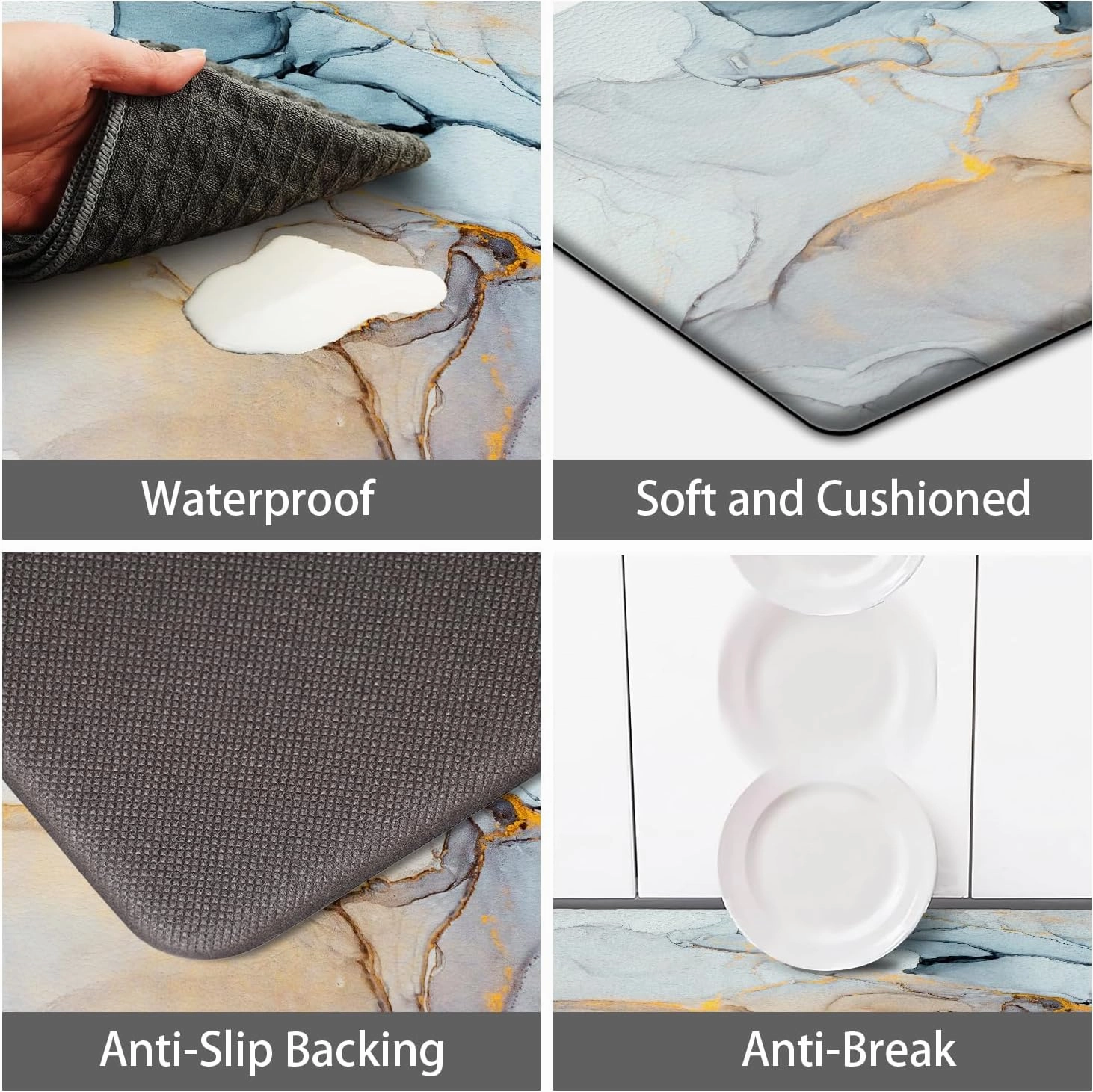 MAYHMYO Kitchen Rugs and Mats Set of 2 Blue Marble Anti Fatigue Mat PVC Non Slip Golden Kitchen Mats for Floor Bathroom Desk Runner Laundry