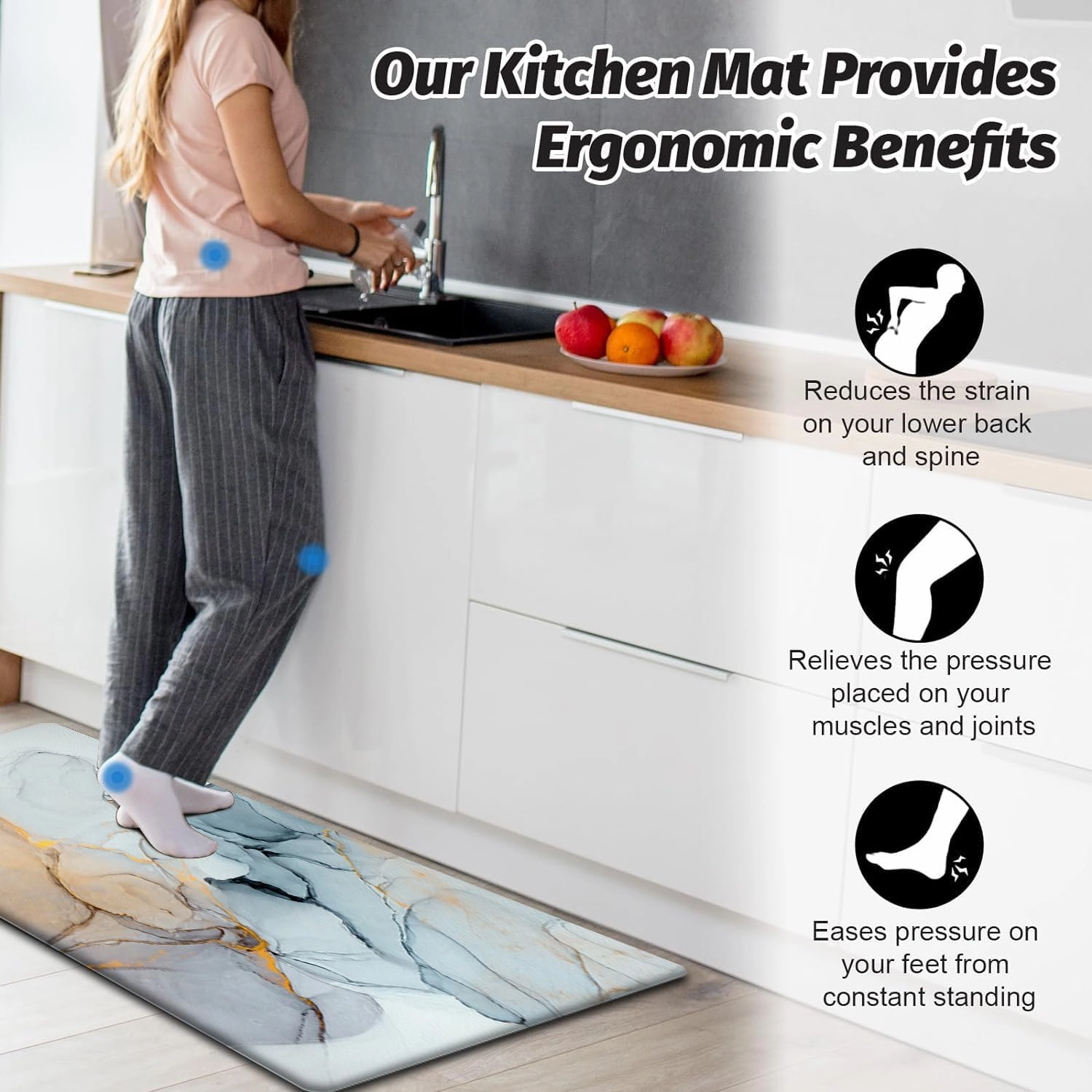 MAYHMYO Kitchen Rugs and Mats Set of 2 Blue Marble Anti Fatigue Mat PVC Non Slip Golden Kitchen Mats for Floor Bathroom Desk Runner Laundry