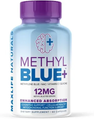 Methylene Blue Pharma Grade 12mg (USP Grade) with Enhanced Absorption Vitamin C Ester for Enhanced Antioxidant Activity | Glycine   NAC Anti-Aging Support, Youth/Longevity Supplement - 60 Capsules