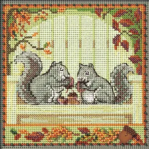 Mill Hill Nutty Squirrels Beaded Counted Cross Stitch Kit 2024 Buttons & Beads Autumn MH142422, Multicolor, 5.25 x 5.25 Inches