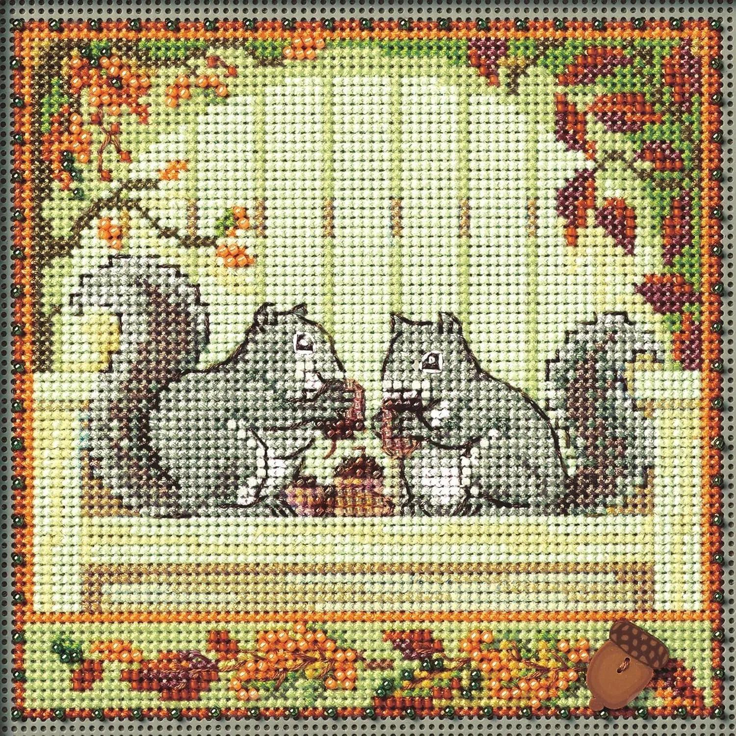 Mill Hill Nutty Squirrels Beaded Counted Cross Stitch Kit 2024 Buttons & Beads Autumn MH142422, Multicolor, 5.25 x 5.25 Inches
