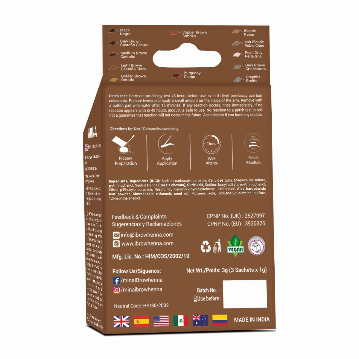 Mina ibrow Hair Color Light Brown |Natural Spot coloring Hair Tinting Powder with brow Nourishing Oil For Professional, Water and Smudge Proof | No Ammonia, No Lead with 100% Gray Converge