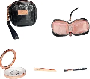 Mini Makeup Bag (4pcs set) - Portable Travel Makeup Bag for Cosmetics & Accessories - Cute Beauty Bag Set With Tweezer, Brow Brush, Lash Case - Faux Crocodile Skin Leather, Detachable Strap (Black)