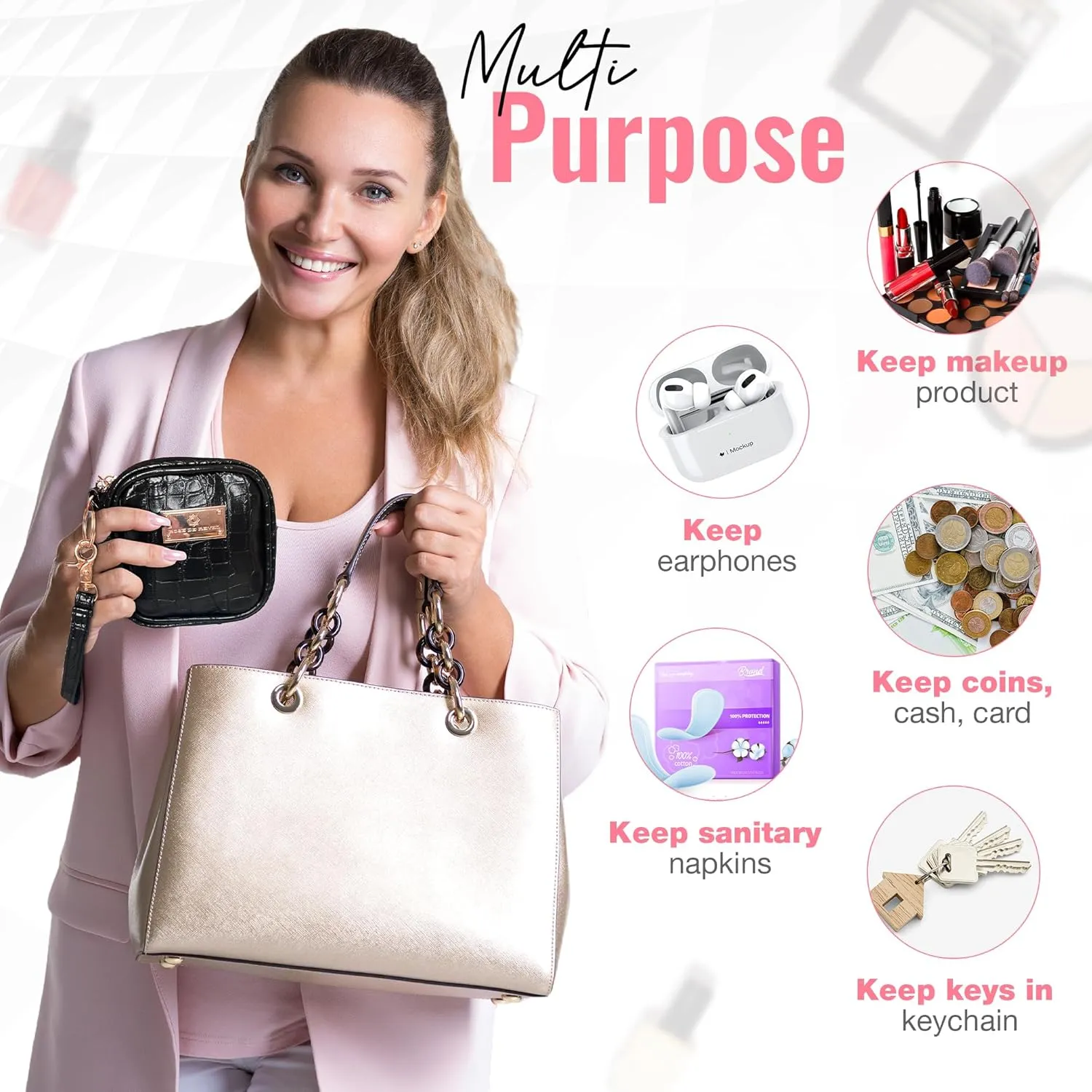 Mini Makeup Bag (4pcs set) - Portable Travel Makeup Bag for Cosmetics & Accessories - Cute Beauty Bag Set With Tweezer, Brow Brush, Lash Case - Faux Crocodile Skin Leather, Detachable Strap (Black)
