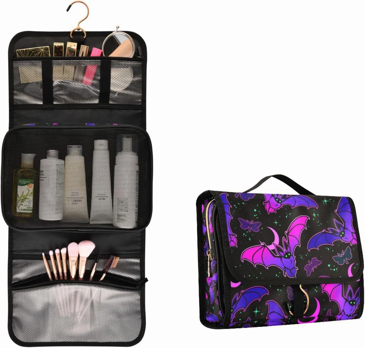 MNSRUU 3 PCS Toiletry Bag Purple Bat Gothic Hanging Makeup Bag for Toiletries Travel Toiletry Bags Set for Traveling, Travel Organizer for Accessories