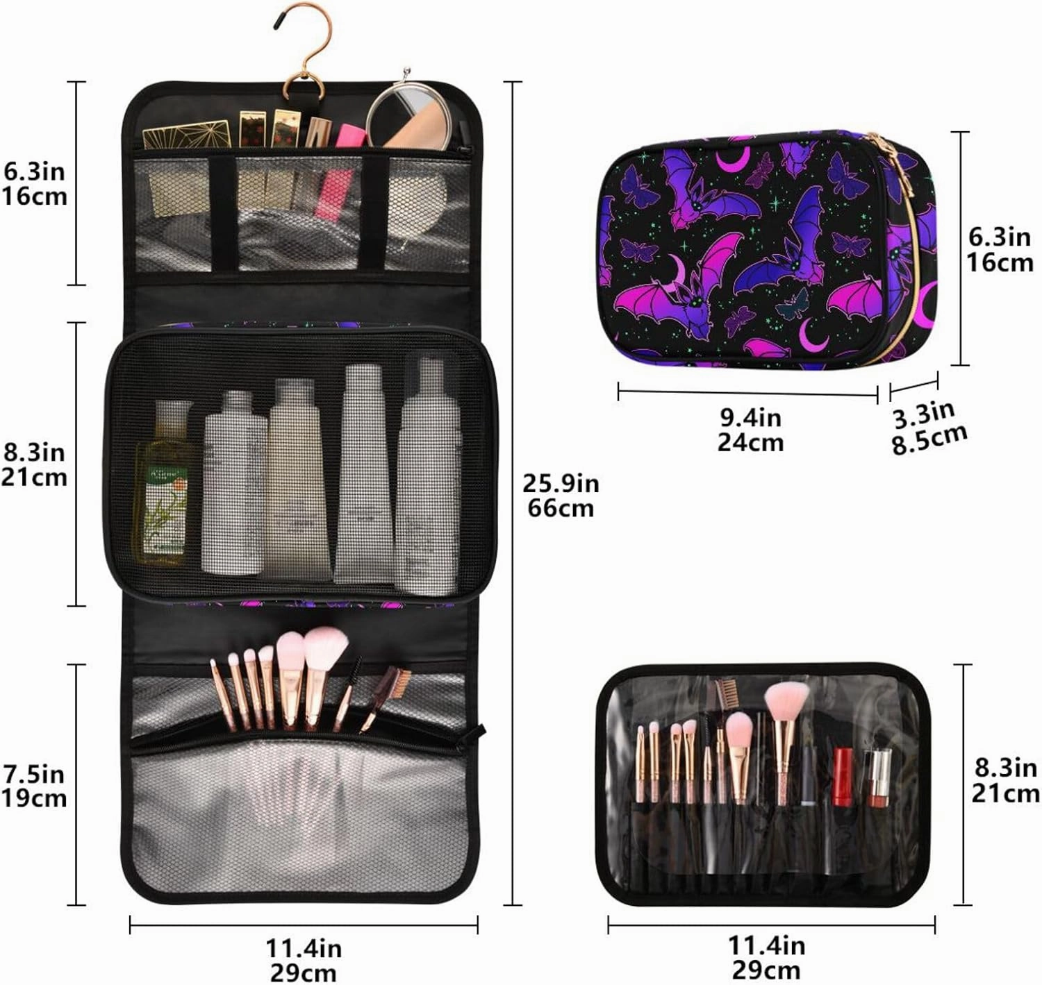 MNSRUU 3 PCS Toiletry Bag Purple Bat Gothic Hanging Makeup Bag for Toiletries Travel Toiletry Bags Set for Traveling, Travel Organizer for Accessories