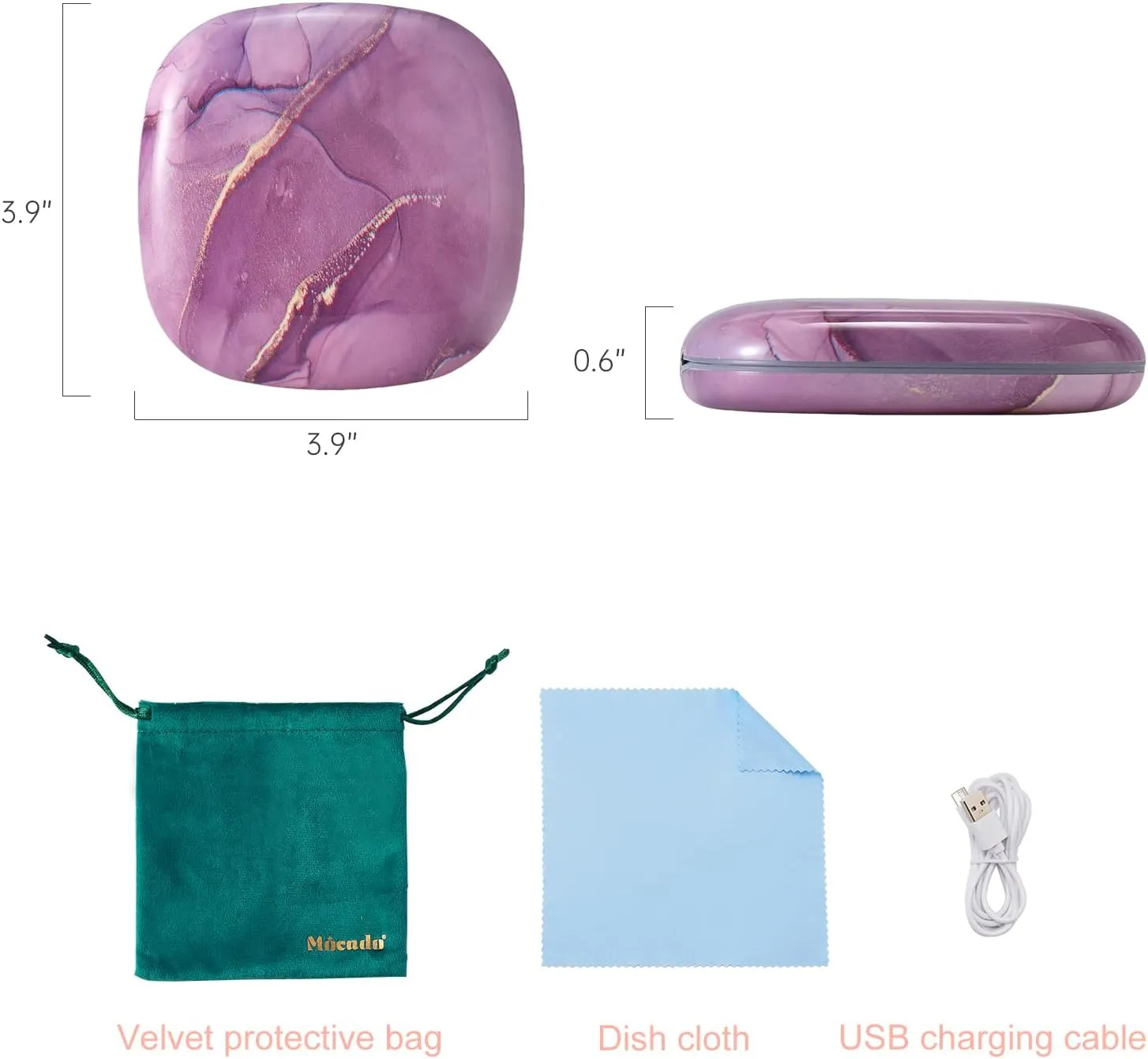 Mocado Compact LED Travel Makeup Mirror - 4 Inches 1X/10X Magnification Travel Mirror with Light Dimmable Double Sides Lighted USB Rechargeable Compact Mirror for Purse,Pocket,Travel(Purple Marble)