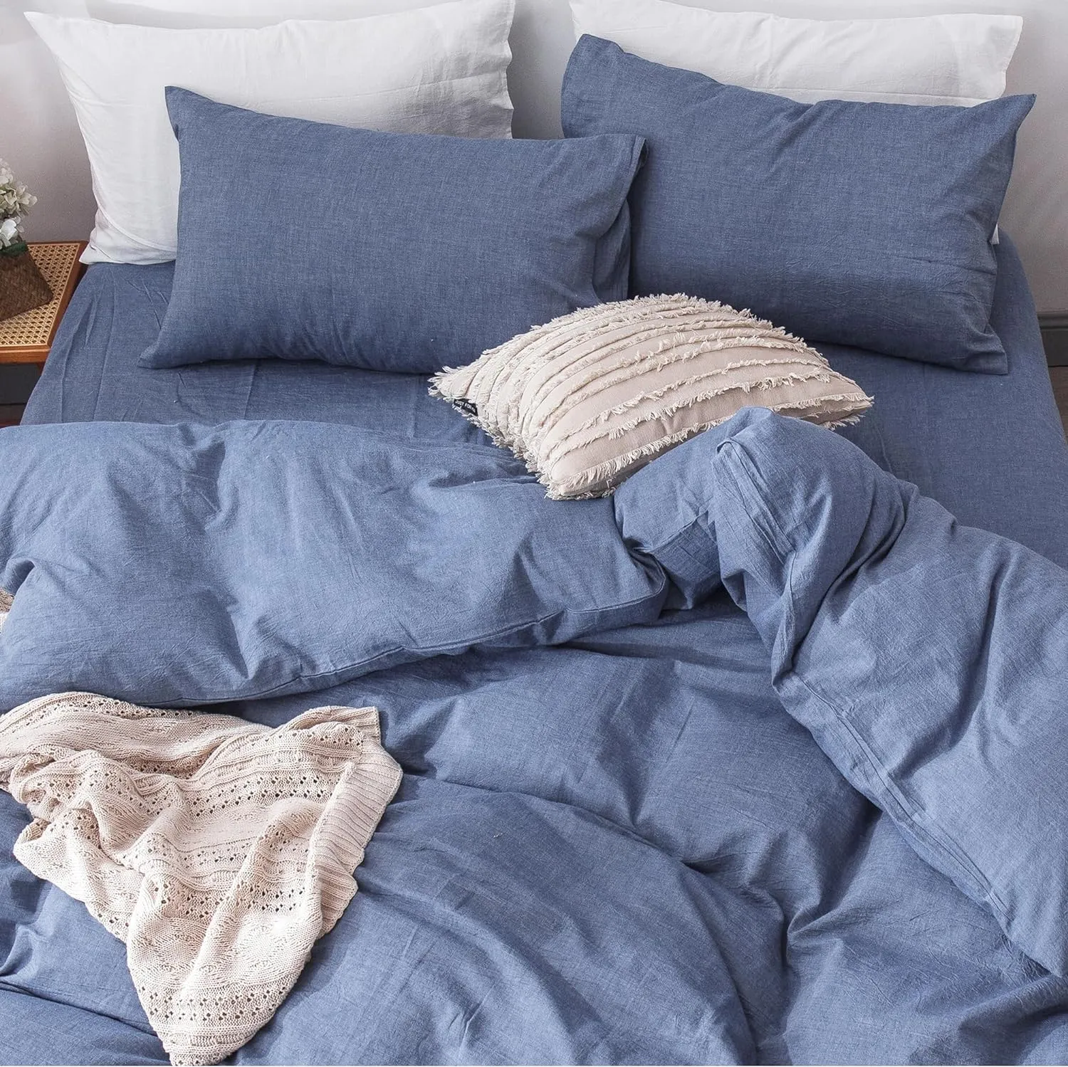 MooMee Bedding Duvet Cover Set 100% Washed Cotton Linen Like Textured Breathable Durable Soft Comfy (Heathered Blue, King 104"x90")