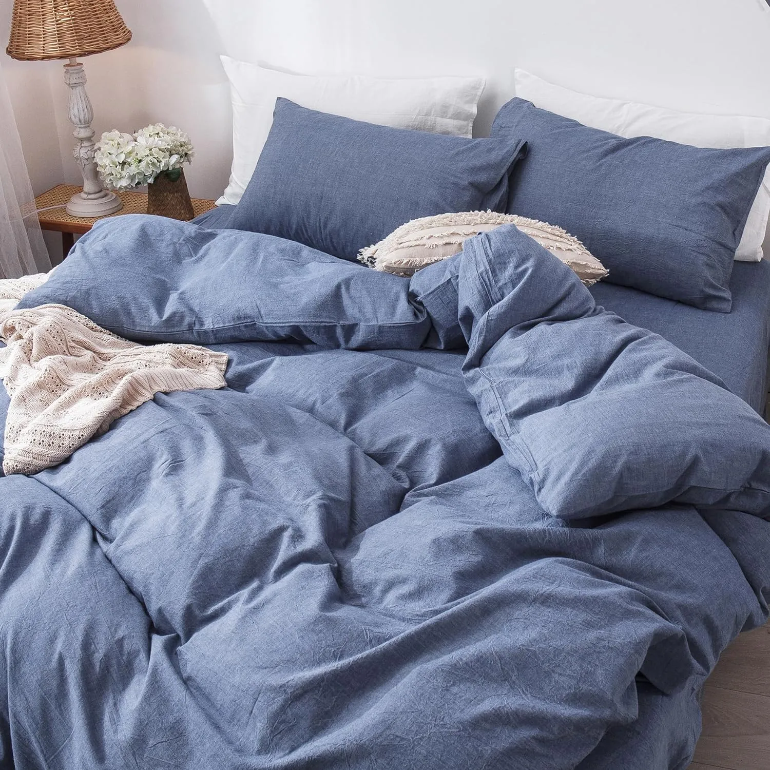 MooMee Bedding Duvet Cover Set 100% Washed Cotton Linen Like Textured Breathable Durable Soft Comfy (Heathered Blue, King 104"x90")