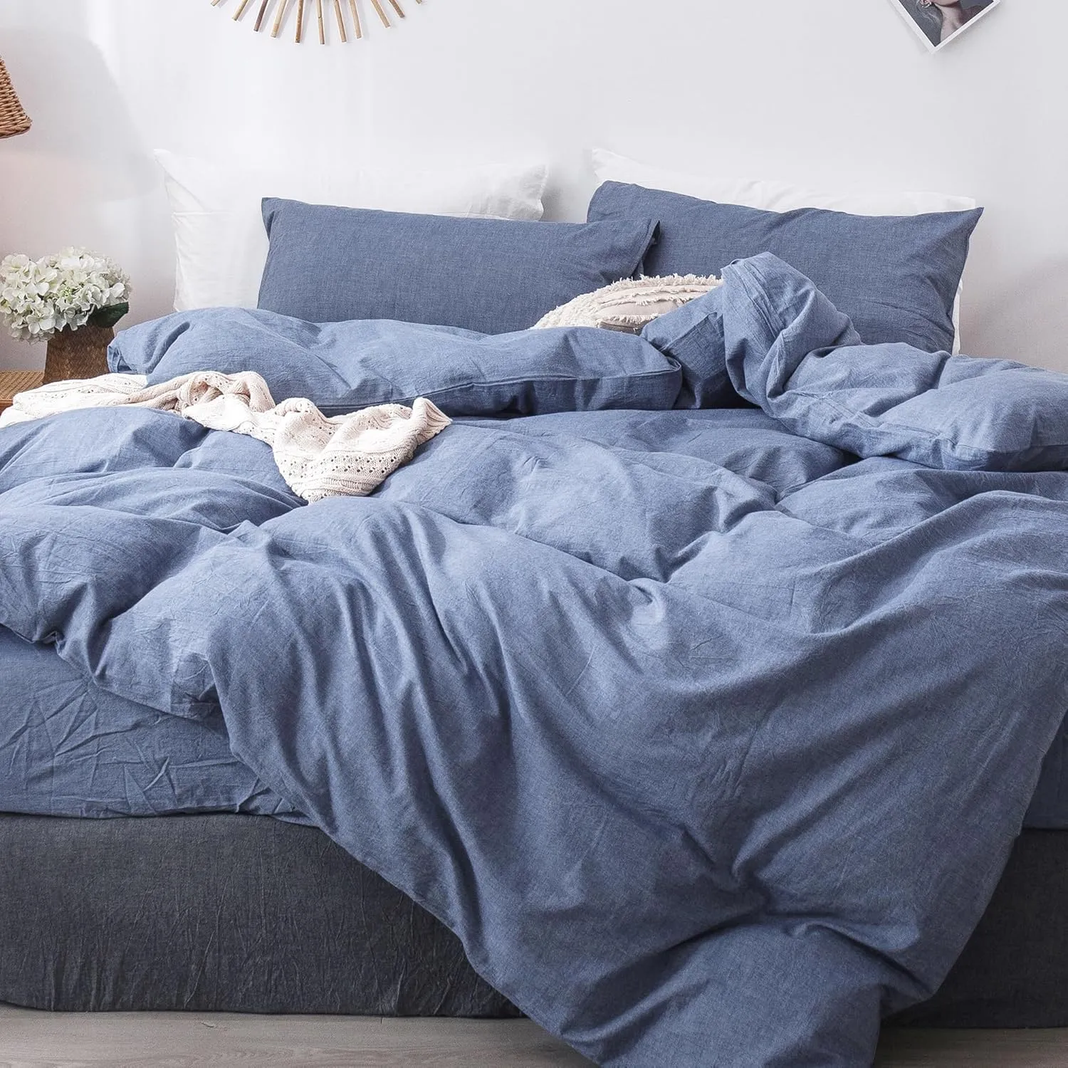 MooMee Bedding Duvet Cover Set 100% Washed Cotton Linen Like Textured Breathable Durable Soft Comfy (Heathered Blue, King 104"x90")