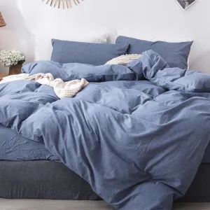 MooMee Bedding Duvet Cover Set 100% Washed Cotton Linen Like Textured Breathable Durable Soft Comfy (Heathered Blue, King 104"x90")