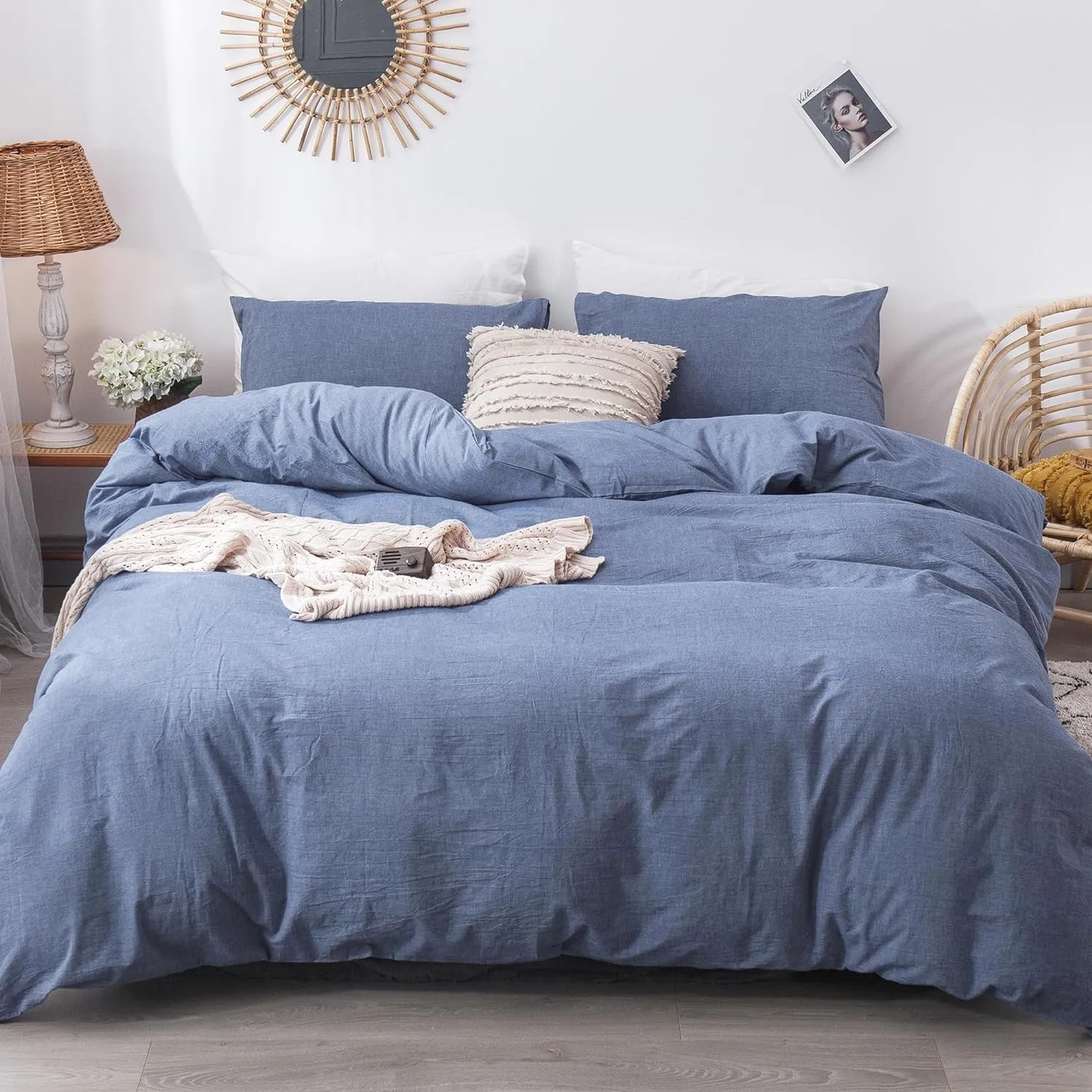 MooMee Bedding Duvet Cover Set 100% Washed Cotton Linen Like Textured Breathable Durable Soft Comfy (Heathered Blue, King 104"x90")