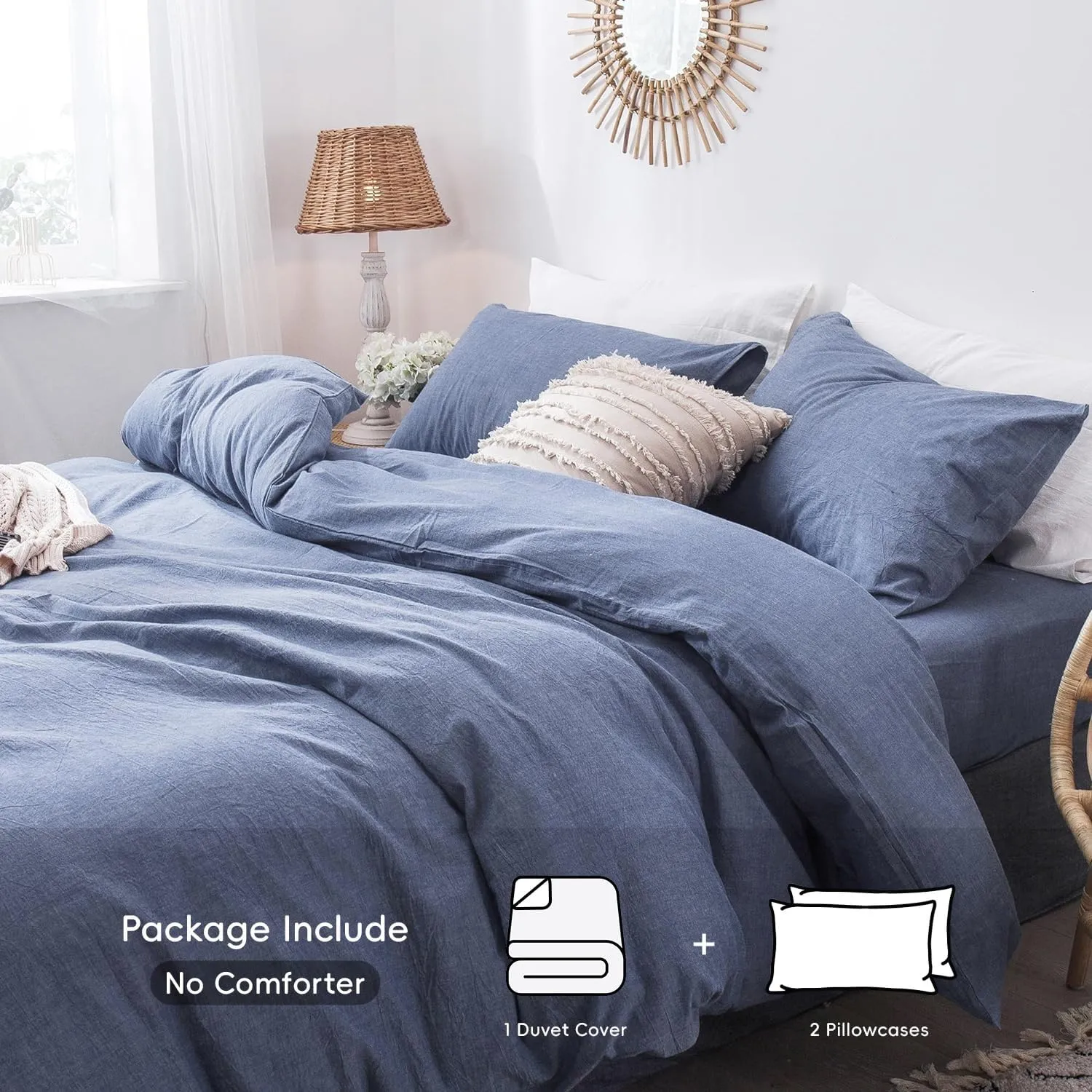 MooMee Bedding Duvet Cover Set 100% Washed Cotton Linen Like Textured Breathable Durable Soft Comfy (Heathered Blue, King 104"x90")