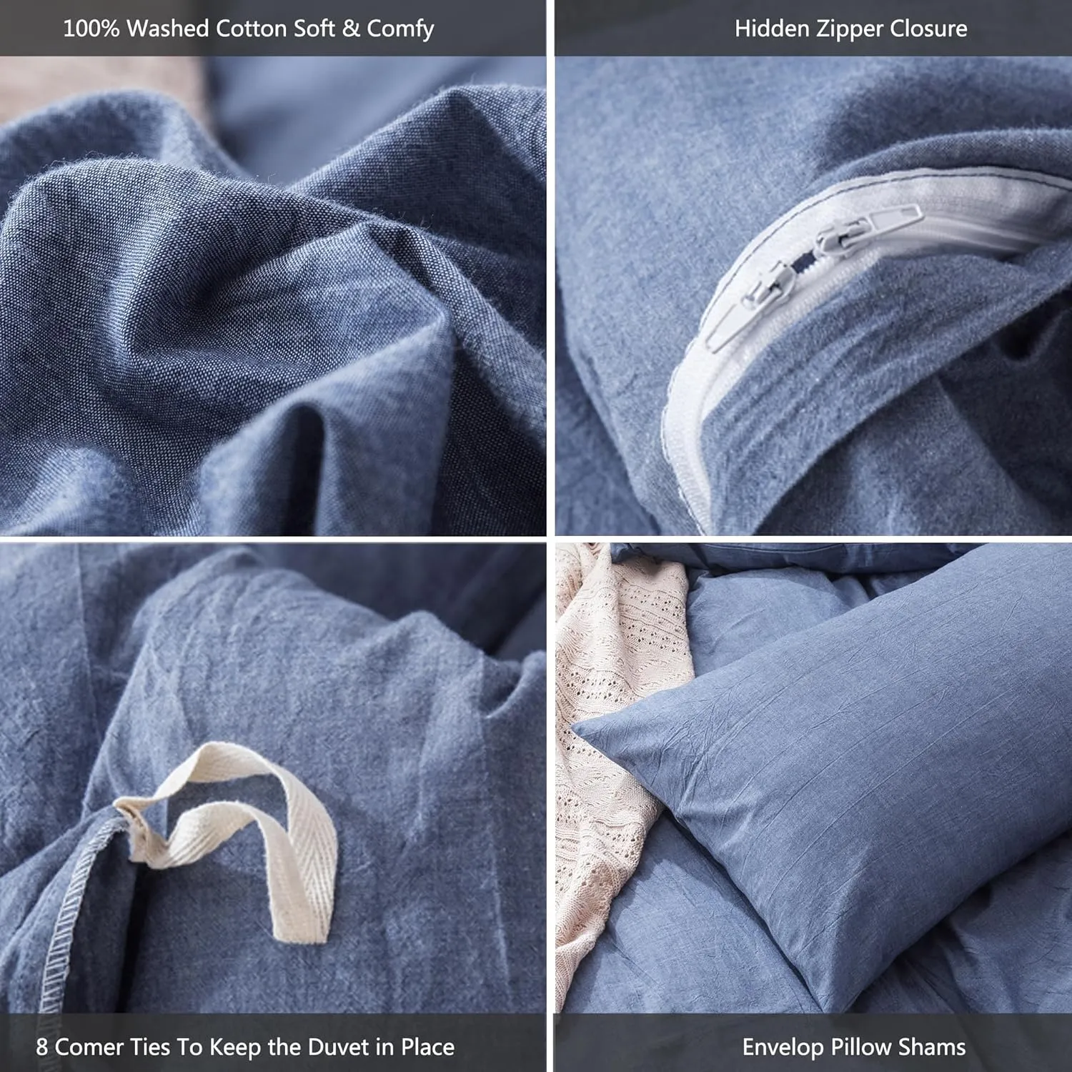 MooMee Bedding Duvet Cover Set 100% Washed Cotton Linen Like Textured Breathable Durable Soft Comfy (Heathered Blue, King 104"x90")