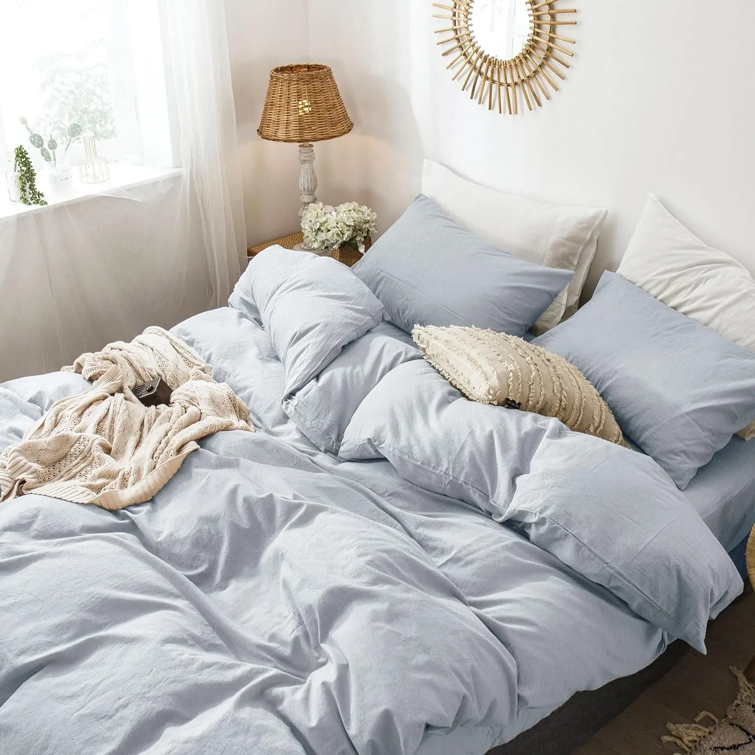 MooMee Bedding Duvet Cover Set 100% Washed Cotton Linen Like Textured Breathable Durable Soft Comfy (Heathered Cornflower Blue, Queen 90"x90")