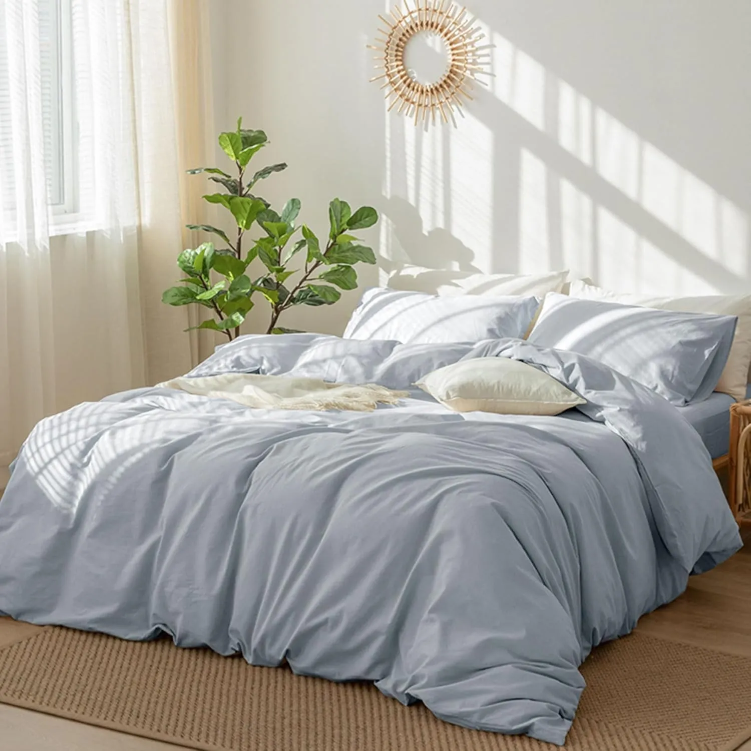 MooMee Bedding Duvet Cover Set 100% Washed Cotton Linen Like Textured Breathable Durable Soft Comfy (Heathered Cornflower Blue, Queen 90"x90")