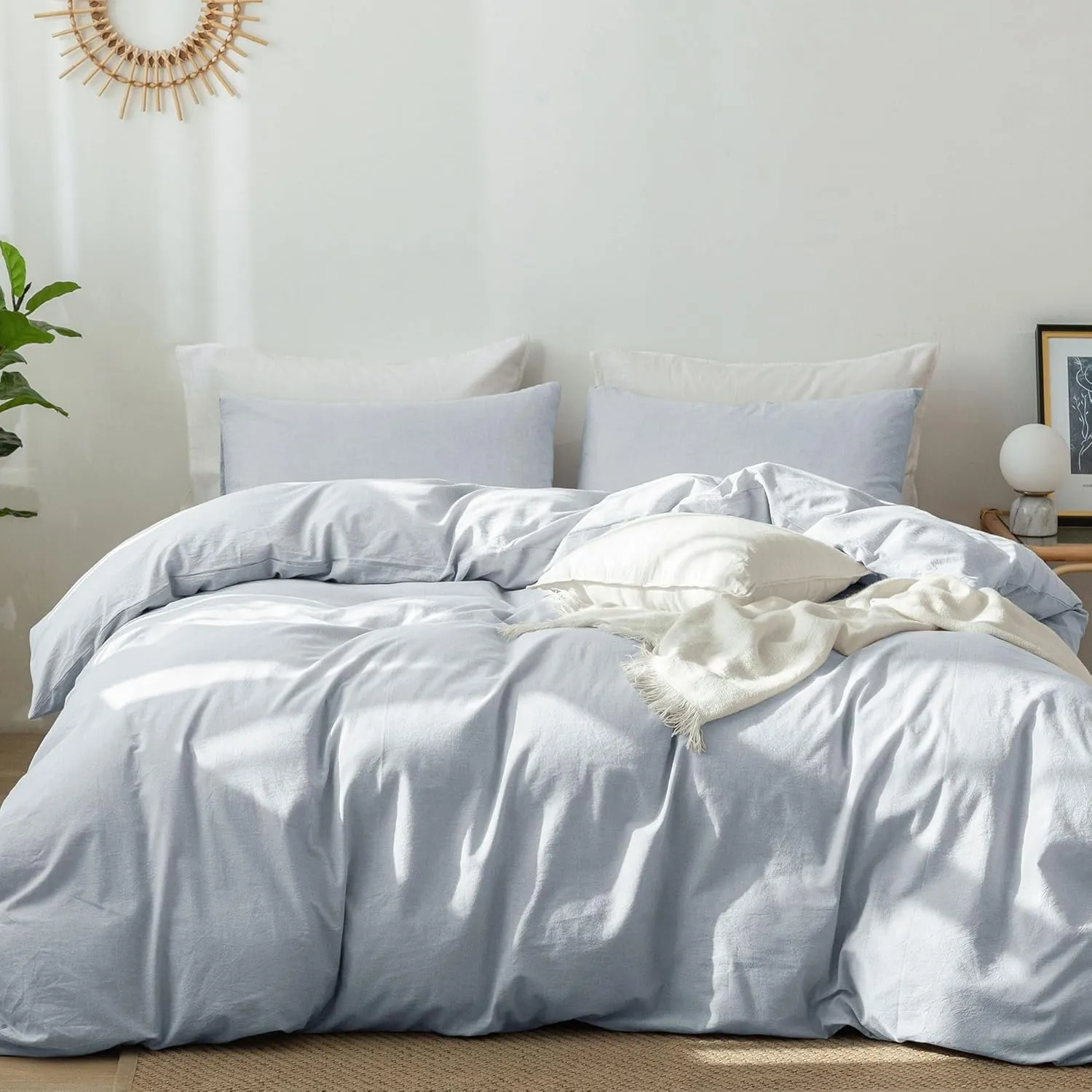 MooMee Bedding Duvet Cover Set 100% Washed Cotton Linen Like Textured Breathable Durable Soft Comfy (Heathered Cornflower Blue, Queen 90"x90")
