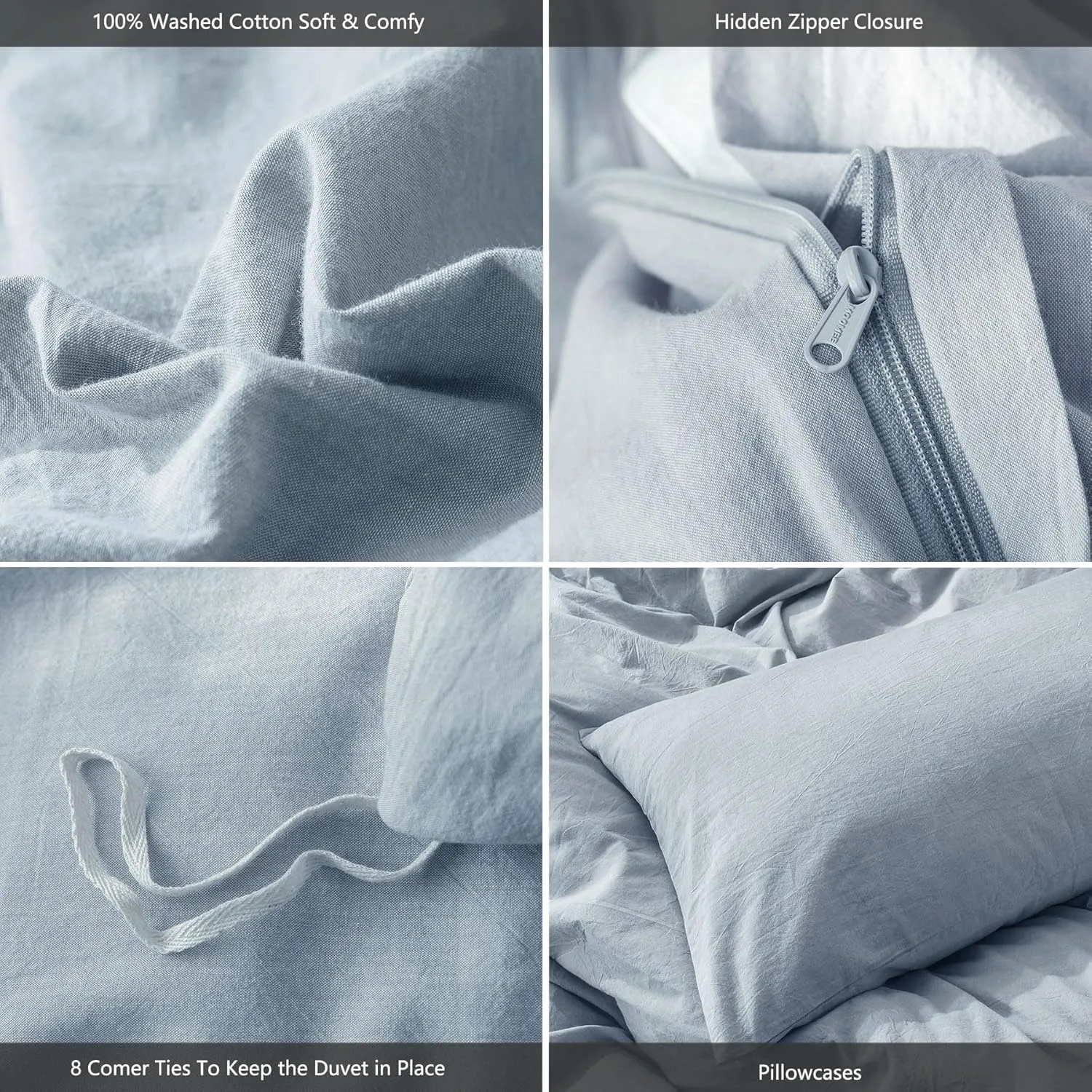 MooMee Bedding Duvet Cover Set 100% Washed Cotton Linen Like Textured Breathable Durable Soft Comfy (Heathered Cornflower Blue, Queen 90"x90")