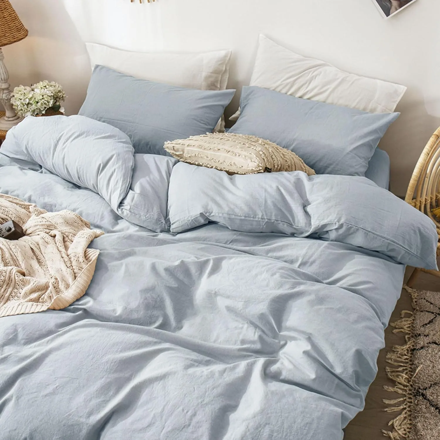 MooMee Bedding Duvet Cover Set 100% Washed Cotton Linen Like Textured Breathable Durable Soft Comfy (Heathered Cornflower Blue, Queen 90"x90")