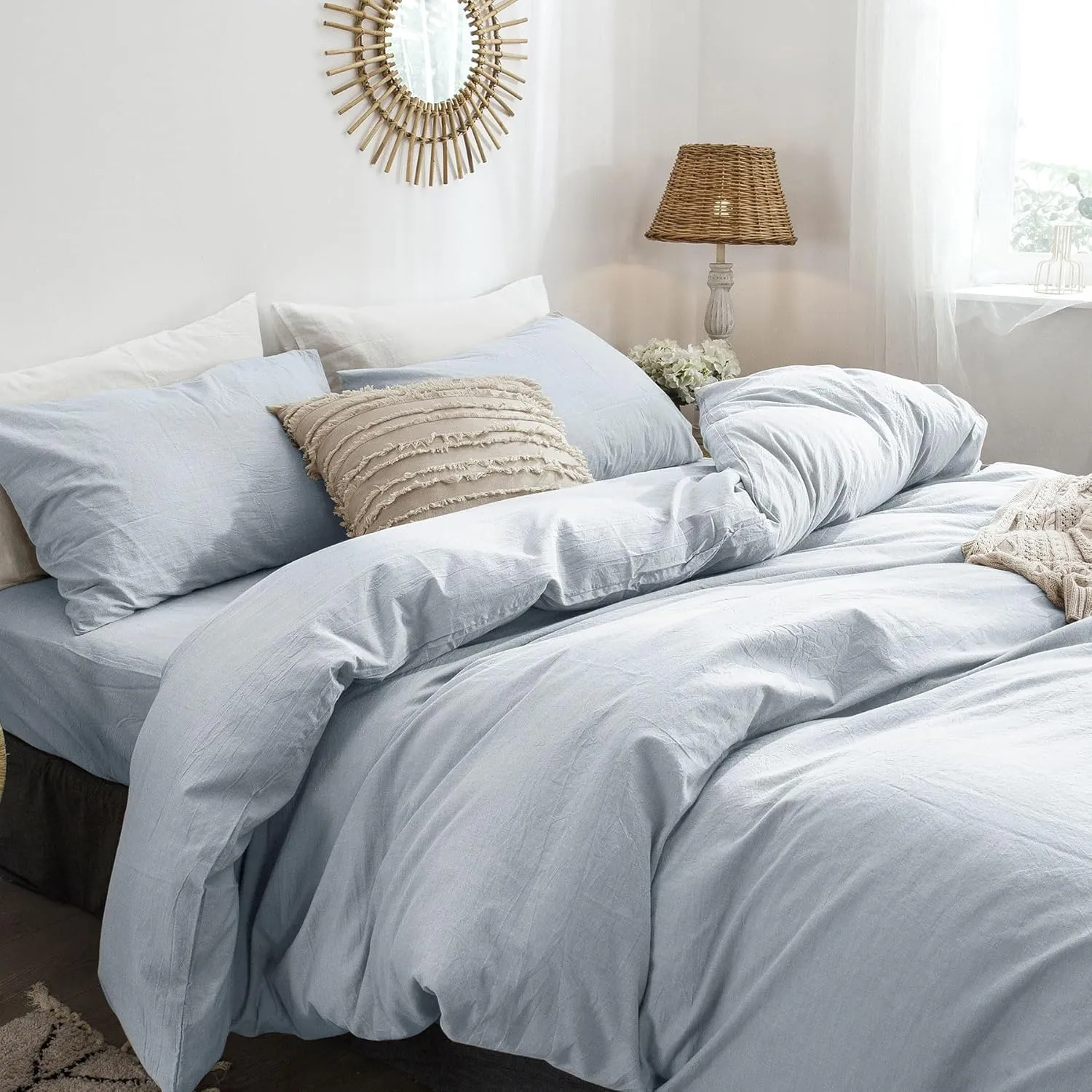 MooMee Bedding Duvet Cover Set 100% Washed Cotton Linen Like Textured Breathable Durable Soft Comfy (Heathered Cornflower Blue, Queen 90"x90")