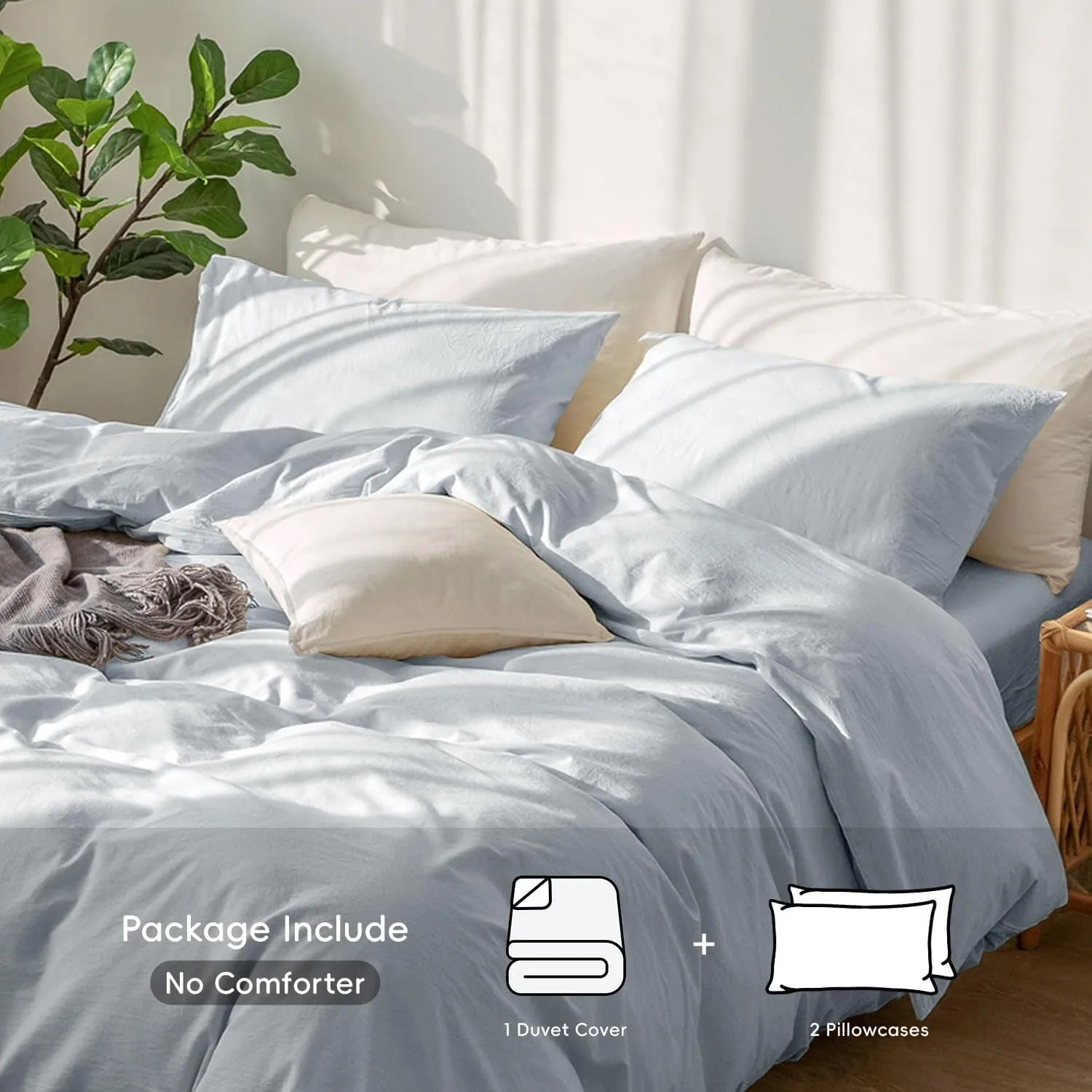 MooMee Bedding Duvet Cover Set 100% Washed Cotton Linen Like Textured Breathable Durable Soft Comfy (Heathered Cornflower Blue, Queen 90"x90")